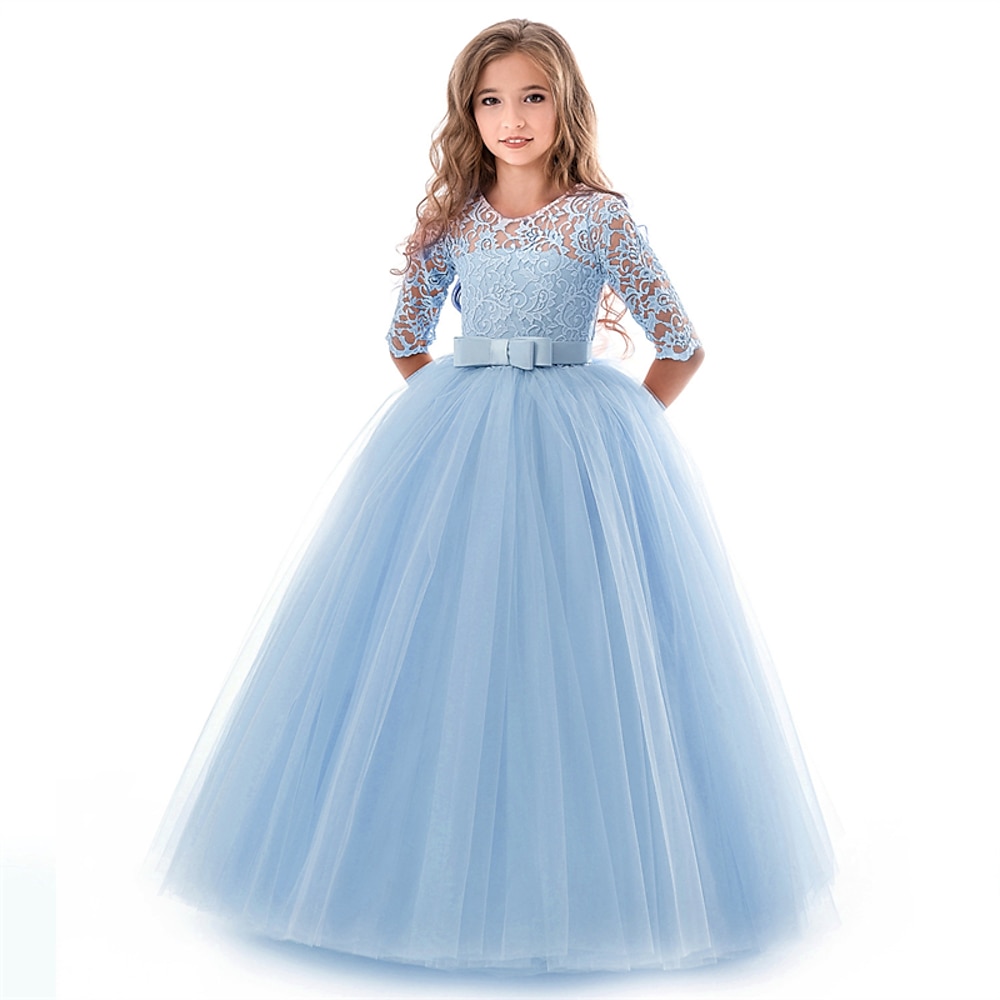 kinderkleidung Mädchen Blumenmädchen Kleid Kleid Halbe Ärmel Hochzeit Party mit Schnürung Gitter Elegant Vintage Maxi Schaukelkleid A Linie Kleid Frühling Herbst 3-12 Jahre Weiß Hellgrün Rosa Lightinthebox