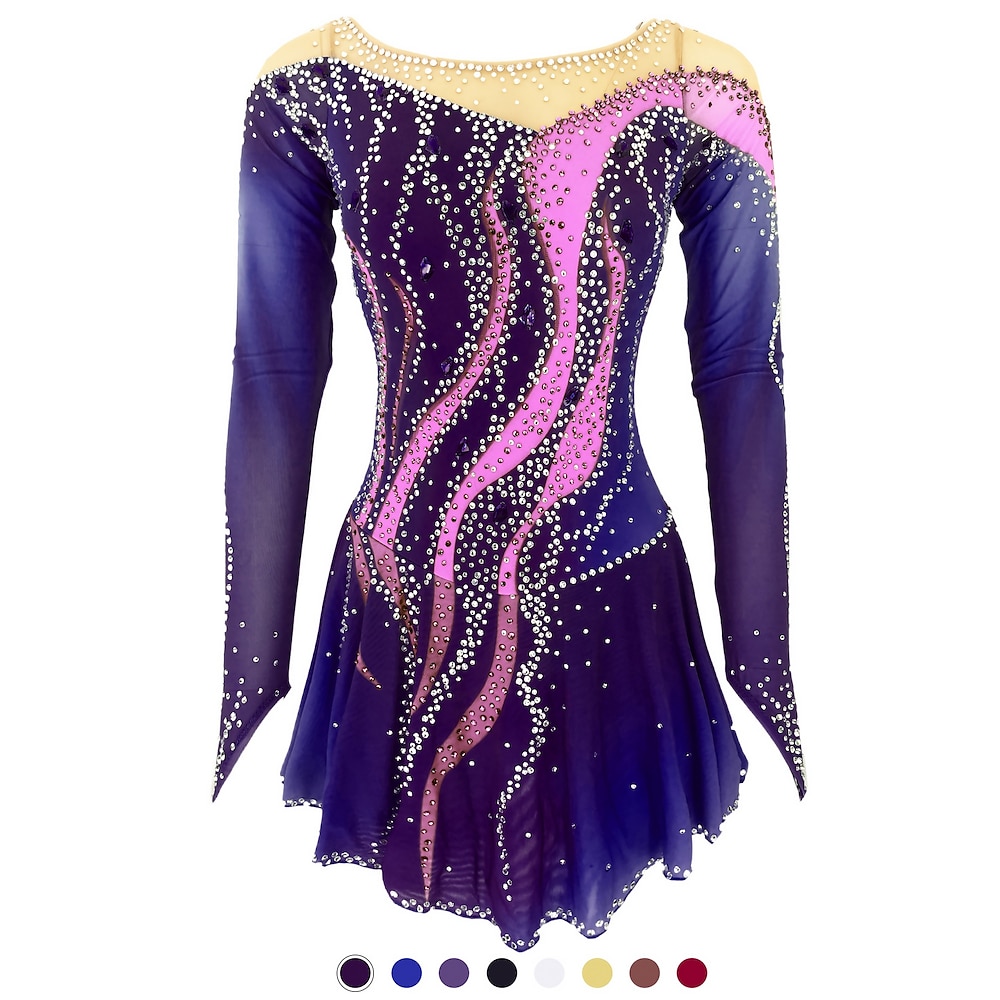 Eiskunstlaufkleid Damen Mädchen Eislaufen Kleider Austattungen Yan-pink Violett Weiß / Weiß Rückenfrei Elasthan Hochelastisch Ausbildung Eiskunstlaufkleidung Handgemacht Einfarbig Klassisch Kristalle Lightinthebox