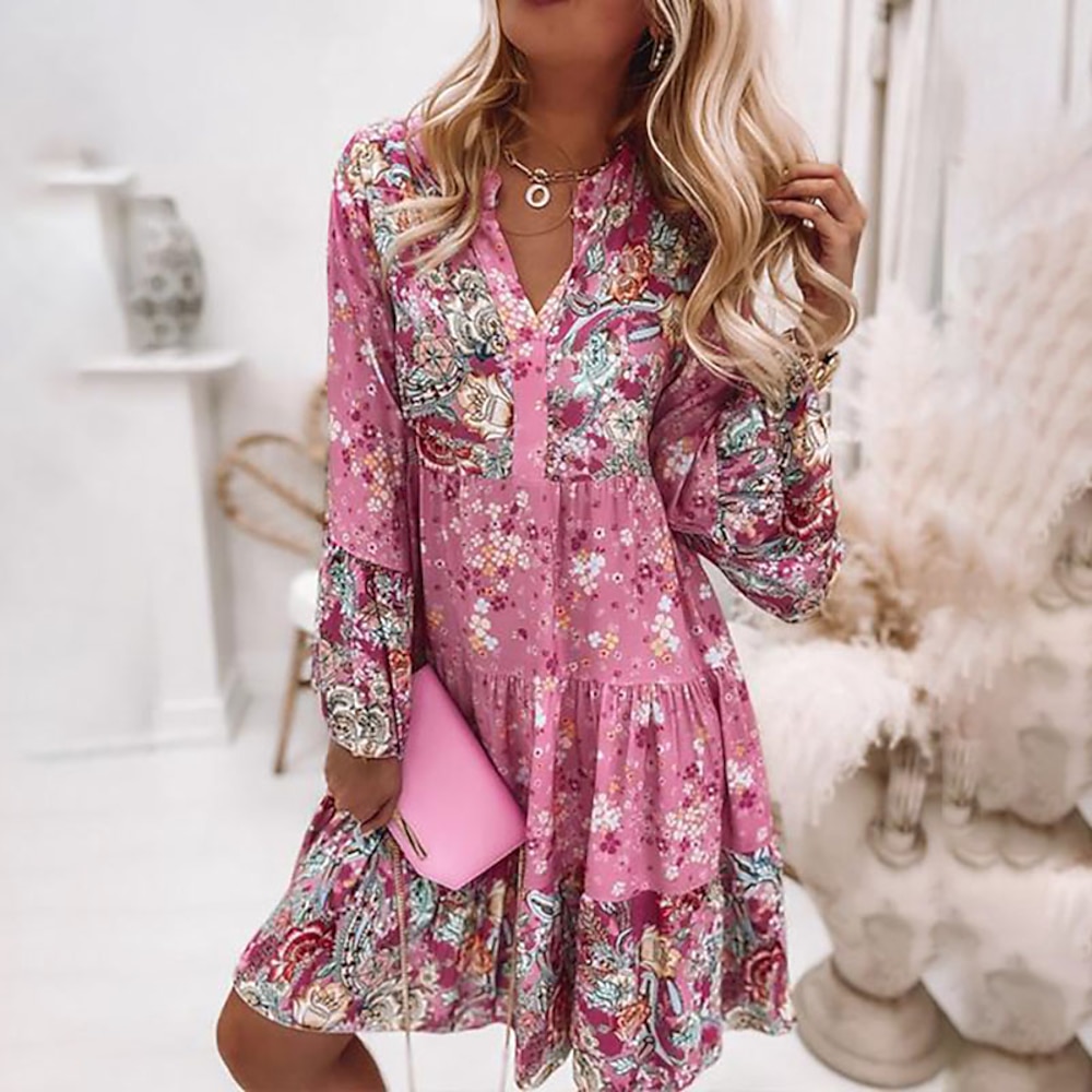 Damen-Etuikleid Boho-Kleid knielanges Kleid rosa Langarm Blumenrüschen gesmokter Druck Sommer Frühling Herbst V-Ausschnitt Boho lässig Flare Manschettenärmel 2023 4xl Lightinthebox