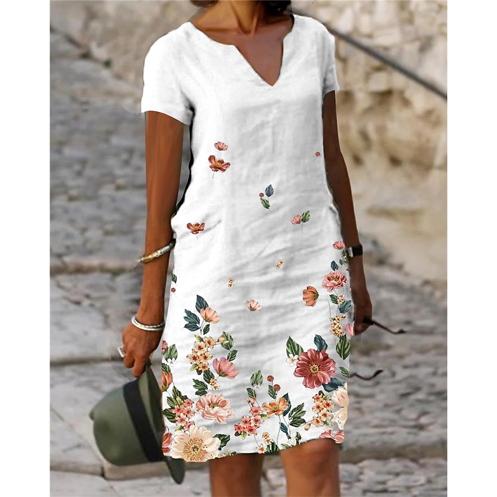 Damen Midi Kleid Lässig Kleid Shift Kleid Weiß Grün Grau Kurzarm Blumendruck Frühling Sommer V-Ausschnitt Basic Täglich Urlaub Wochenende 2023 S M L XL XXL XXXL Lightinthebox