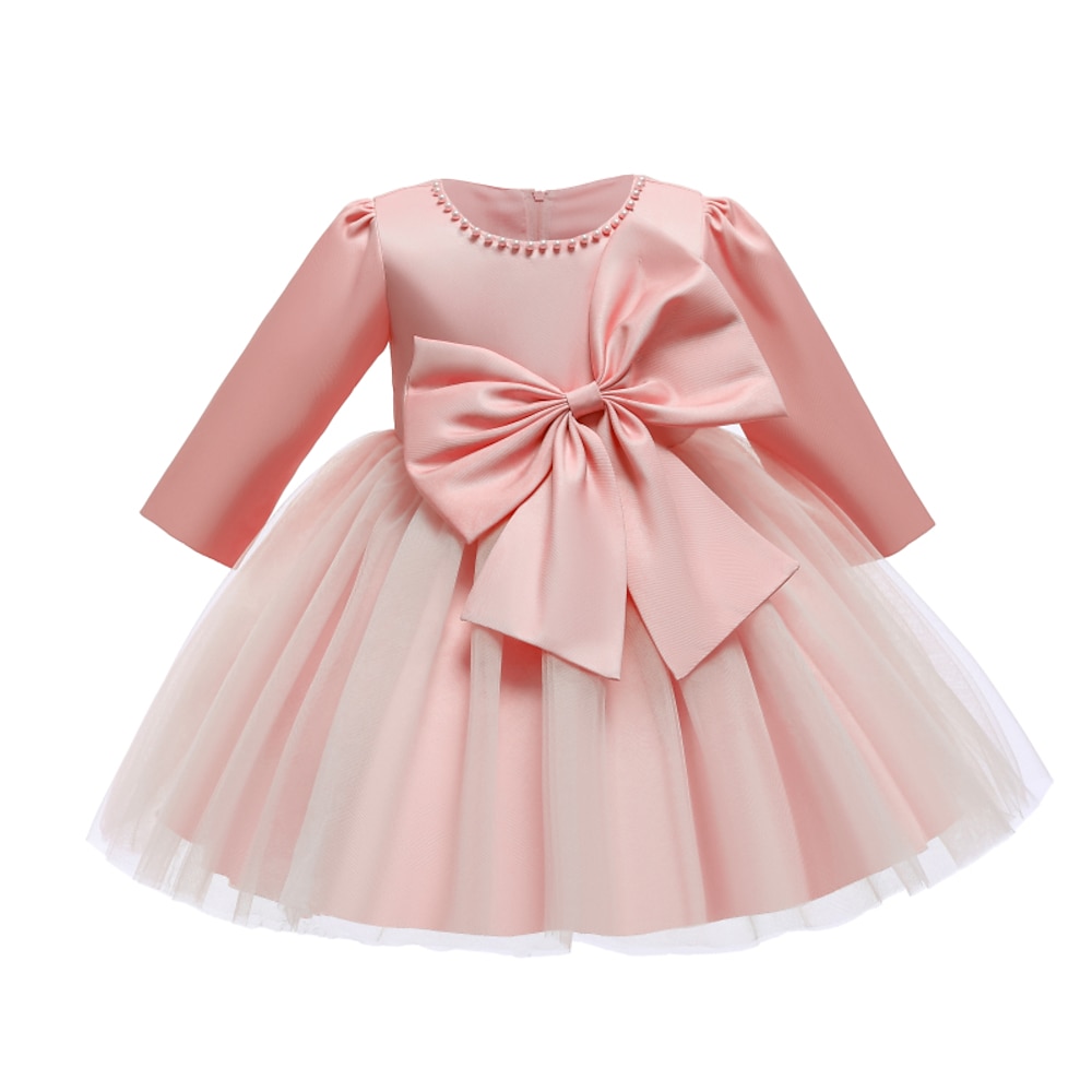 Baby Wenig Mädchen Kleid Einfarbig Tutu Pegeant Gitter Schleife Rosa Gelb Rote Knielang Langarm Kuschelig Prinzessin Kleider Herbst Schlank 1-4 Jahre Lightinthebox