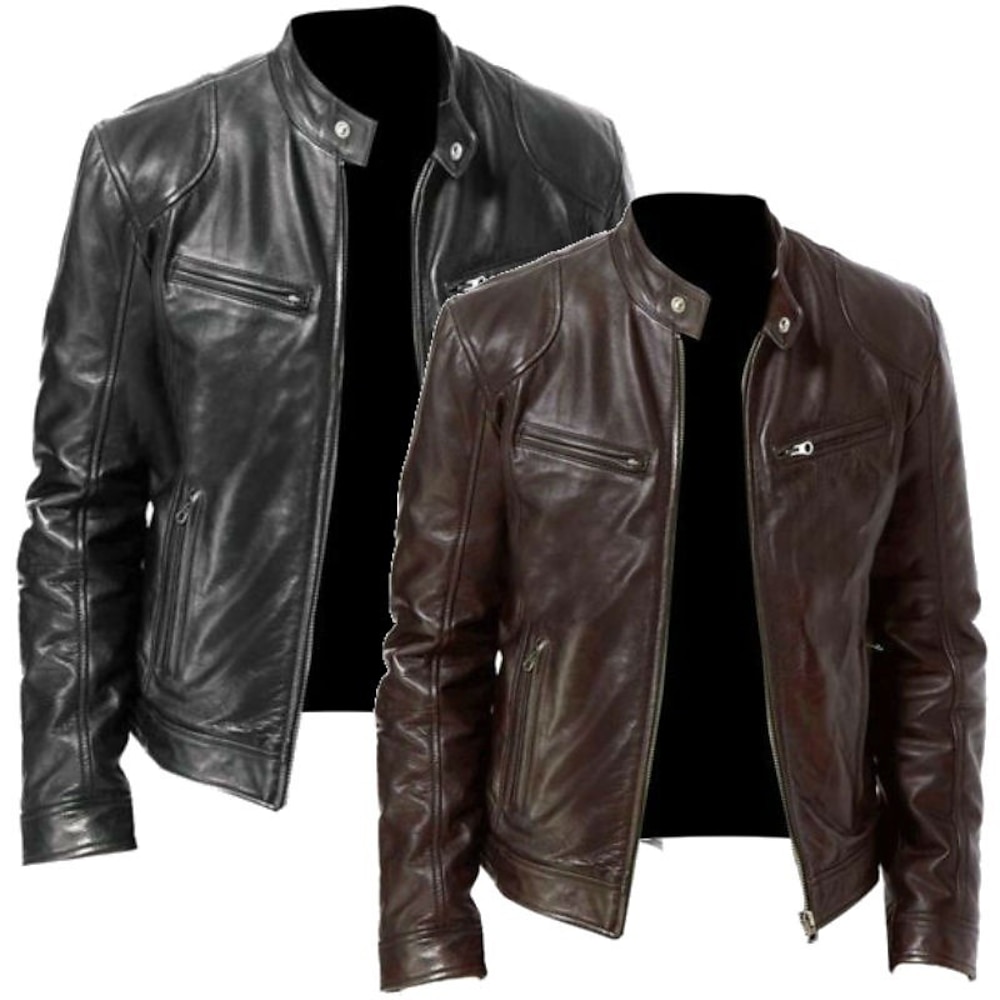 Herren Lederjacke Kunstlederjacke Motorrad Jacke Strasse Casual warm Windundurchlässig Zip Frühling Herbst Feste Farbe Tasche Vintage Modisch Ständer Standard Kunstleder Slim Fit Silber Schwarz Lightinthebox