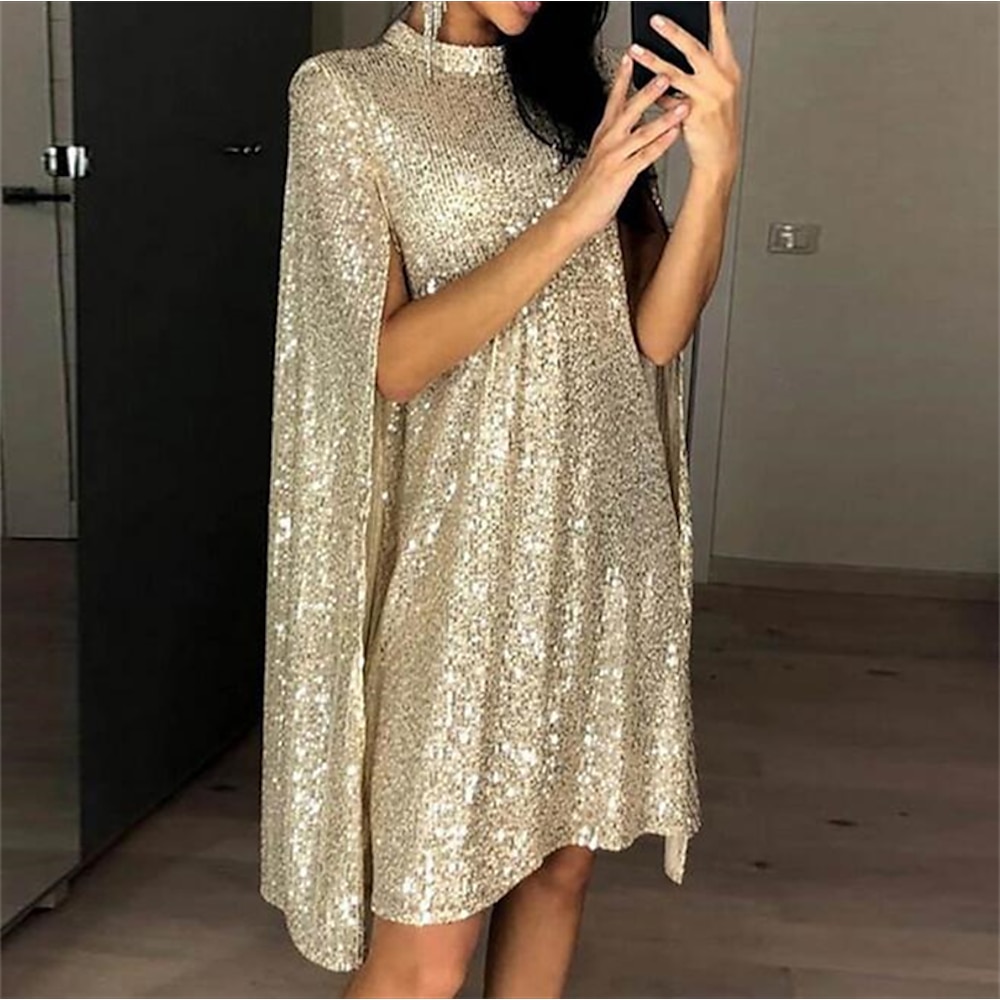 Goldfarbenes Weihnachtskleid für Damen, Paillettenkleid, Partykleid, Minikleid, Silber, Schwarz, Langarm, einfarbig, Pailletten, Frühling, Herbst, Winter, Rundhalsausschnitt, elegantes Party-Winterkleid, 2023, S, M, L, XL, XXL Lightinthebox