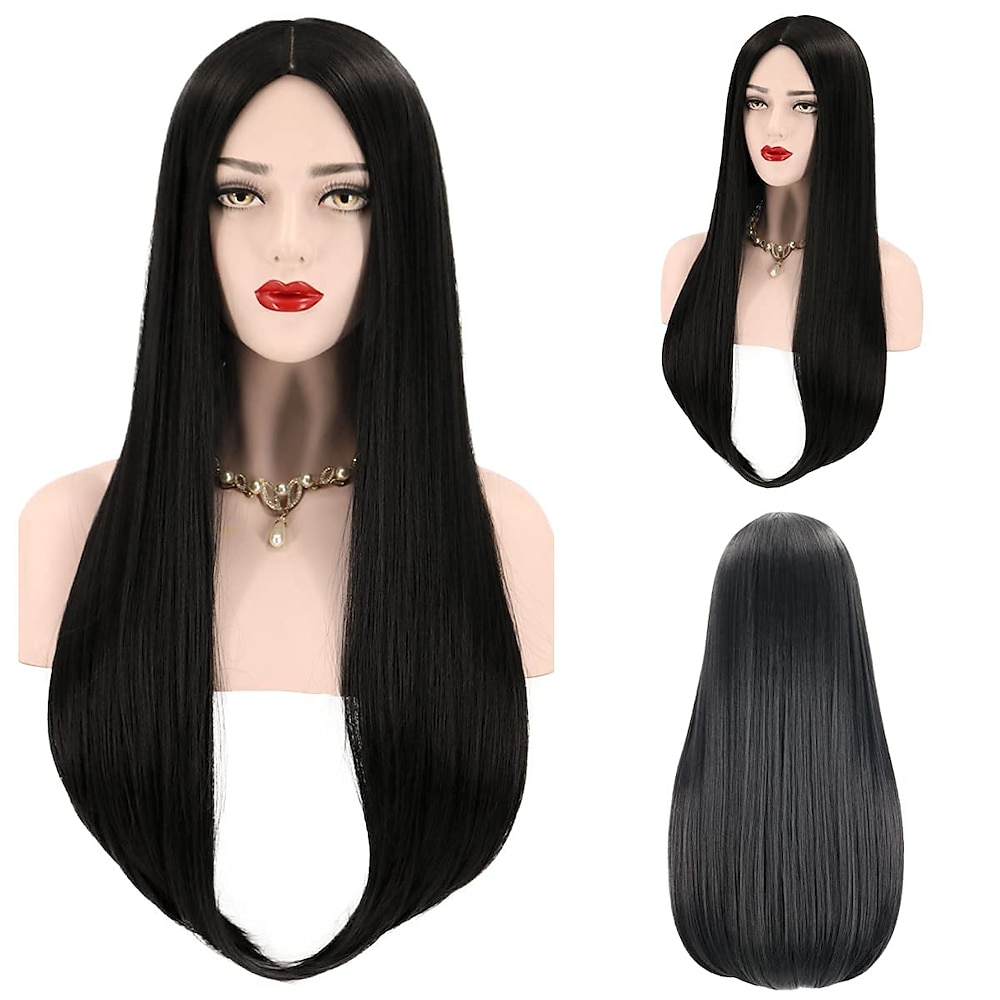 Perücken für Morticia Addams Kostüm, die Addams Family Perücke, lang, glatt, Mittelteil, synthetische Karnevalskostümperücke Lightinthebox