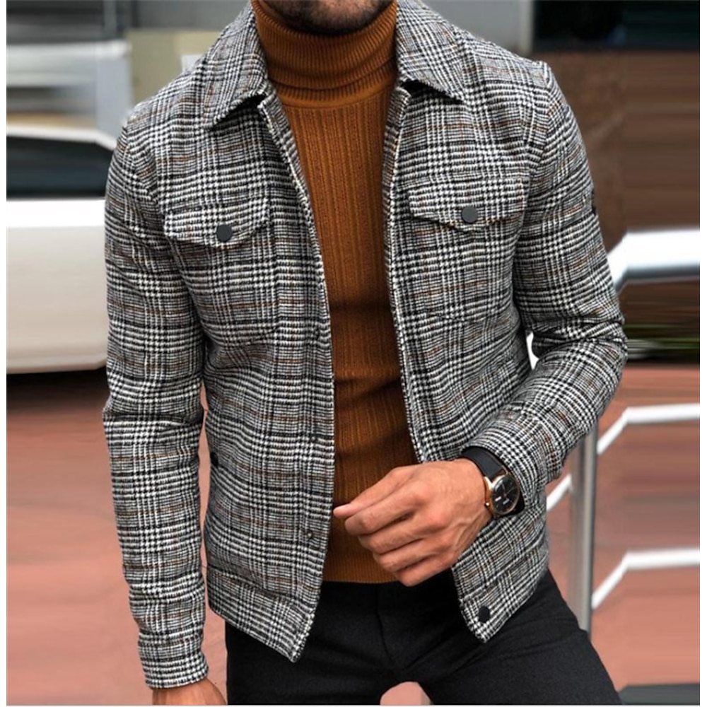 Herren Trucker Jacke Freizeitjacke Täglich Ausgehen Windundurchlässig warm halten Tasche Herbst Winter Plaid / Karomuster Strassenmode Brautkleider schlicht Umlegekragen Standard Regular Fit Grau Lightinthebox
