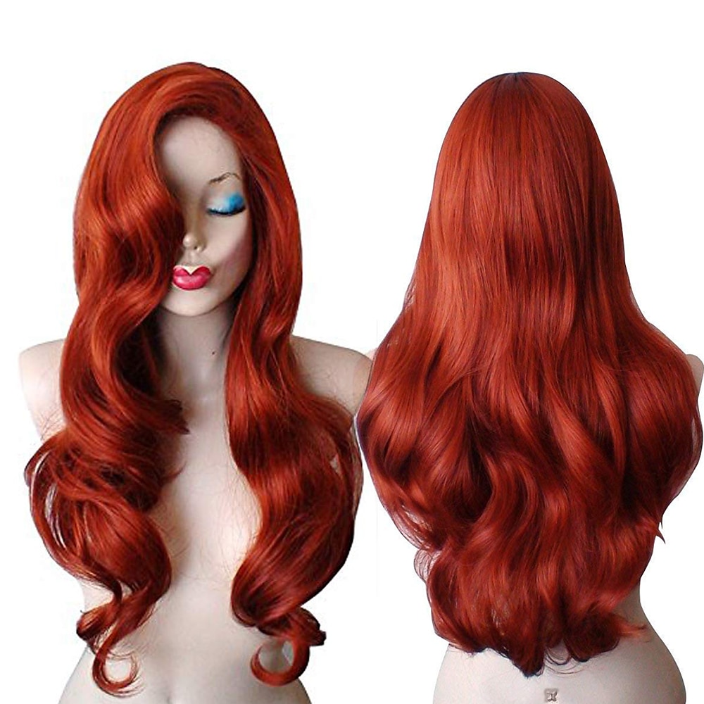 28 Zoll Jessica Rabbit lange gewellte kupferrote Cosplay-Perücke, spiralförmig gelockt, Anime, hitzebeständiges Haar für Frauen, Karnevalsperücken Lightinthebox