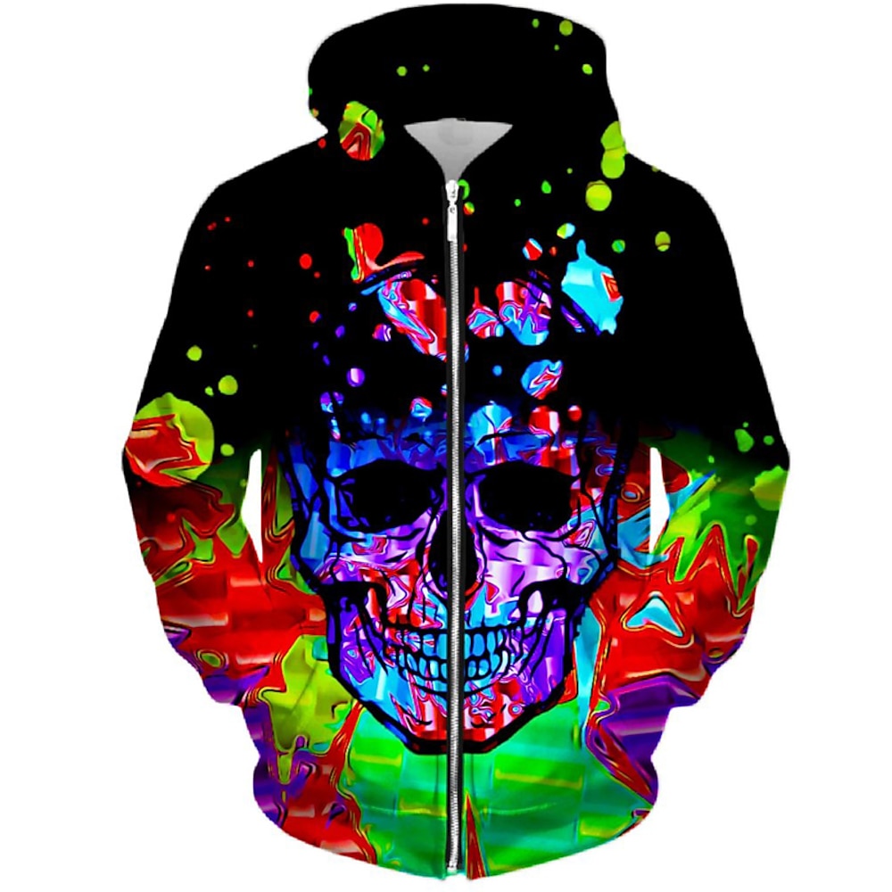 Herren Totenkopf Motiv Grafik-Drucke Hoodie Sweatshirt Kapuze Hoodies Pullover Hoodie Sweatshirt Kapuze Langarm Sweatshirt mit Kapuze Mit Kapuze Strassenmode 3D-Druck Täglich Sport Grün Zip Bedruckt Lightinthebox