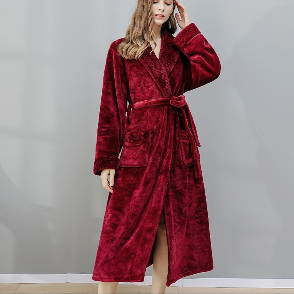 Damen-Bademantel, Nachthemd, 1 Stück, reine Farbe, warm, bequem, Plüsch, Bademantel, Home Street, Fleece, Frottee, warmes Revers, lange Ärmel, Basic-Gürtel inklusive, Herbst-Winter-Home-Outfits Lightinthebox