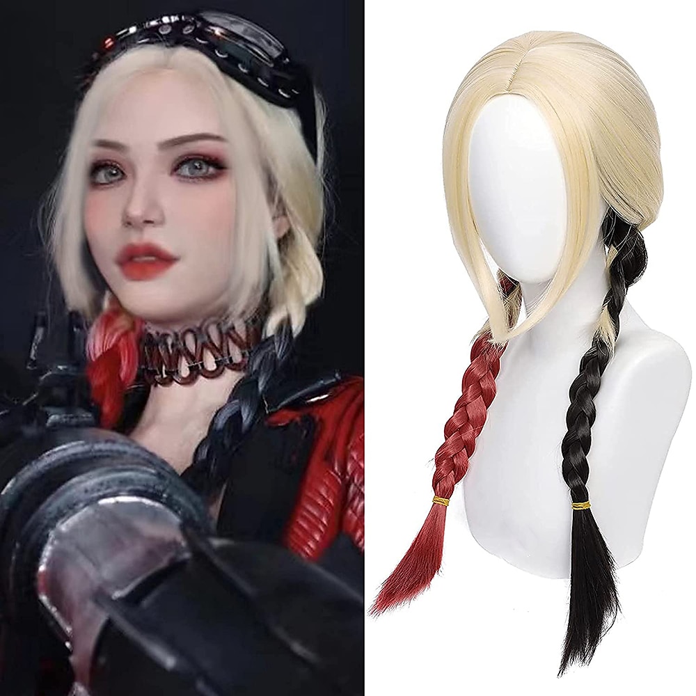 Harley-Quinn-Perücke, Clown-Perücke, lange blonde Perücke mit roten und schwarzen geflochtenen Perücken, Pferdeschwänzen, Zöpfen, Clown-Cosplay, Cosplay-Damen 2021, Halloween-Perücke Lightinthebox