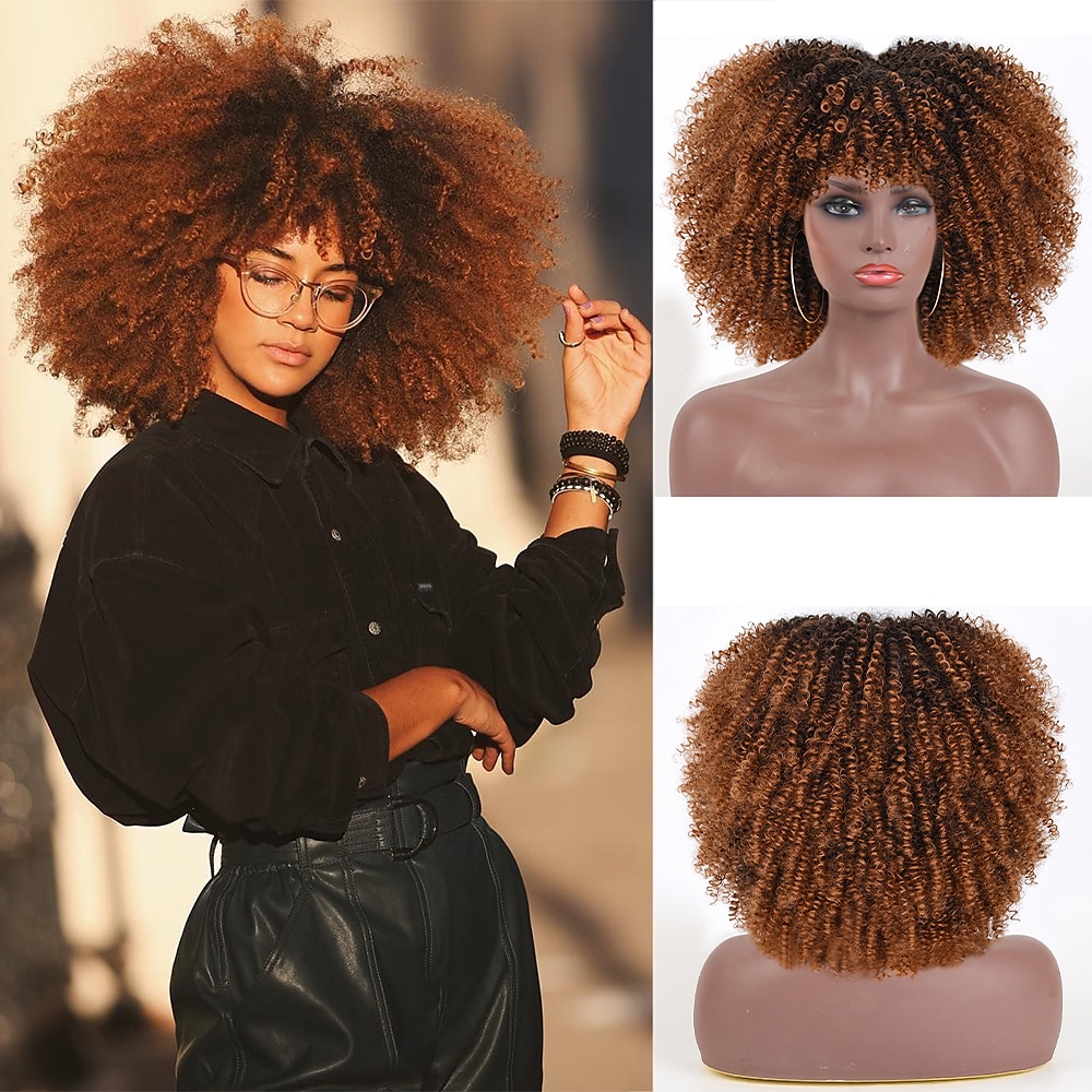 braune perücken für frauen hochtemperaturhaar afro verworrene lockige perücken mit pony für schwarze frauen afrikanische synthetische ombre kleberlose cosplayperücken Lightinthebox