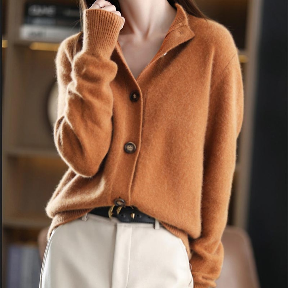 Damen Strickjacke Stilvoll Basic Brautkleider schlicht Einfarbig Ständer Knopf Strick Langarm Stricken Outdoor Heim Täglich Kamel Braun Herbst Winter Lightinthebox