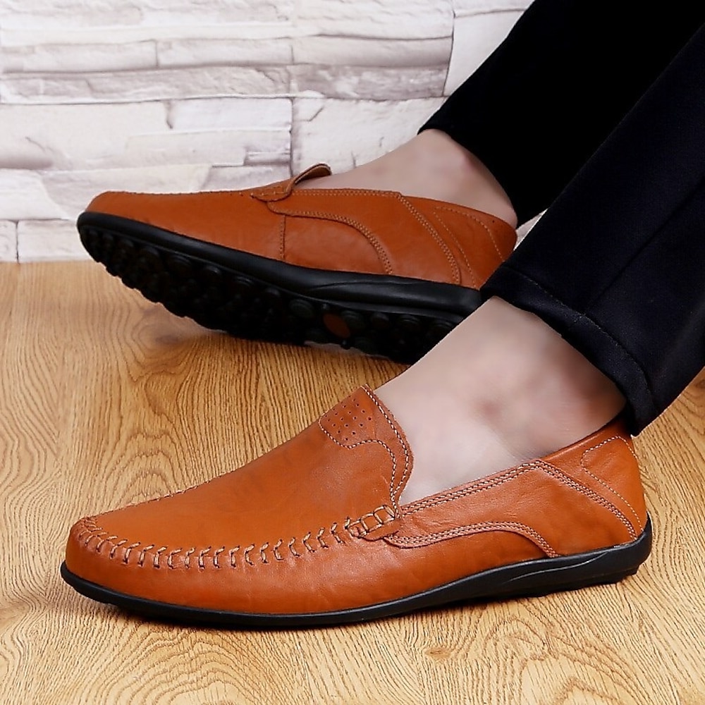 Herren Loafer Slip On Übergrössen Loafer fahren Leder-Loafer Sommer Loafer Vintage Geschäftlich Britisch Täglich Büro Karriere Leder Atmungsaktiv Halbschuhe Hellbraun Dunkelbraun Schwarz Sommer Lightinthebox