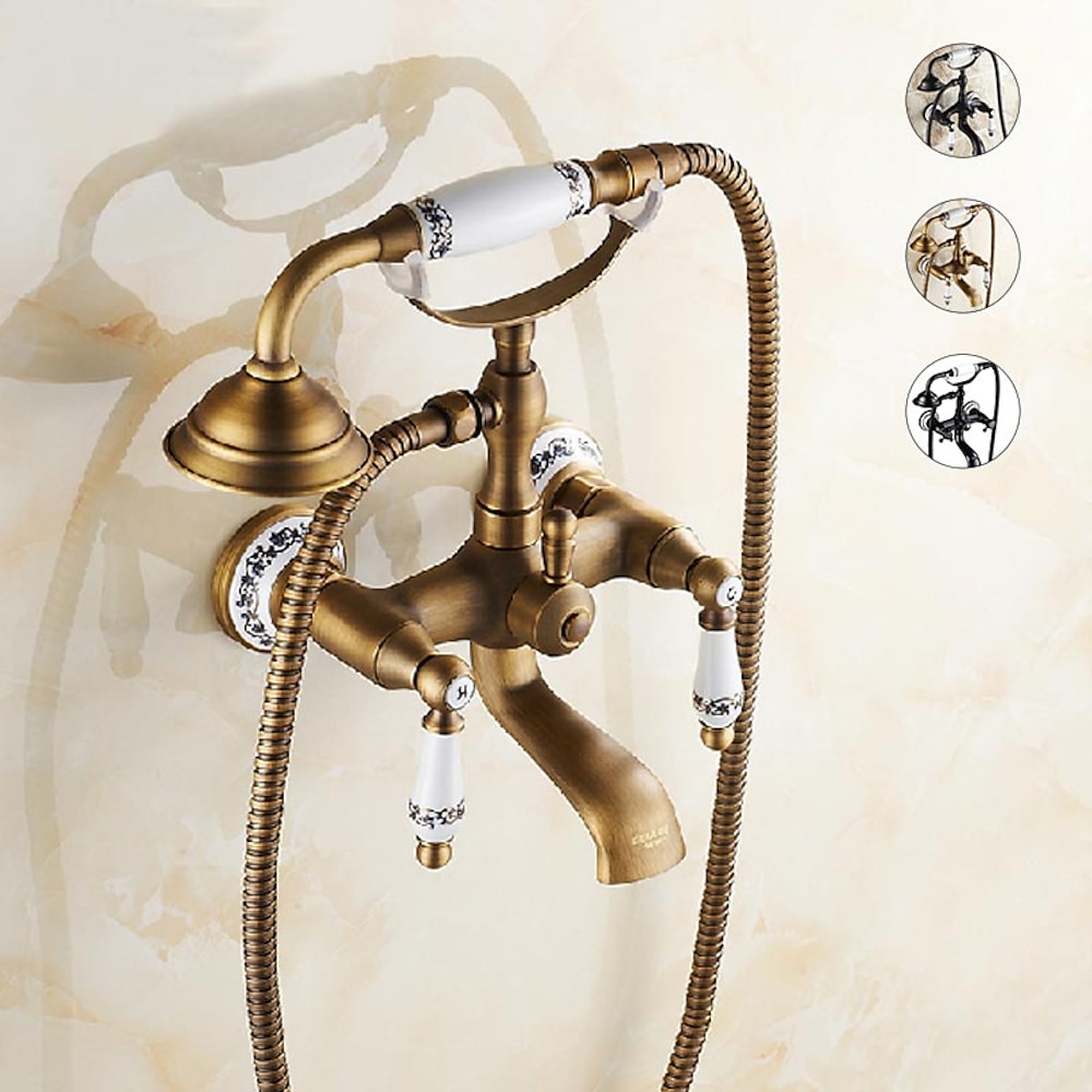 Waschbecken Wasserhahn, Messing Telefonform Wandinstallation weit verbreiteter ausziehbarer Landhausstil galvanisiertes Kupfer-Finish Badewannenarmatur mit zwei Griffen mit Handbrause und Ablauf Lightinthebox
