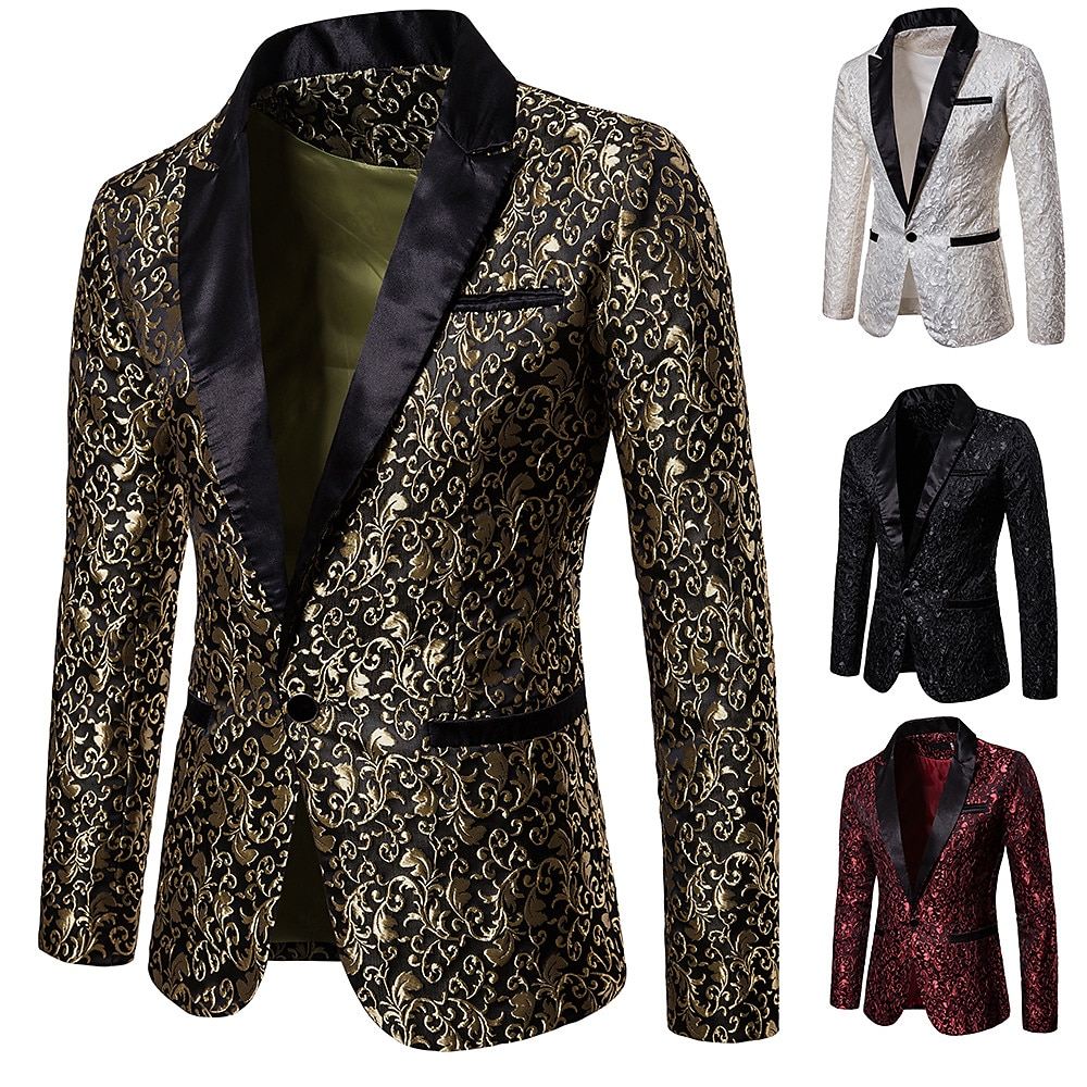 Herren Jacke Blazer Sakko Strasse Geschäft warm Atmungsaktiv Tasche Jacquard Herbst Winter Blumen Strassenmode Elegant Steigendes Revers Standard Baumwolle Regular Fit Schwarz Weiß Rote Gold Jacken Lightinthebox