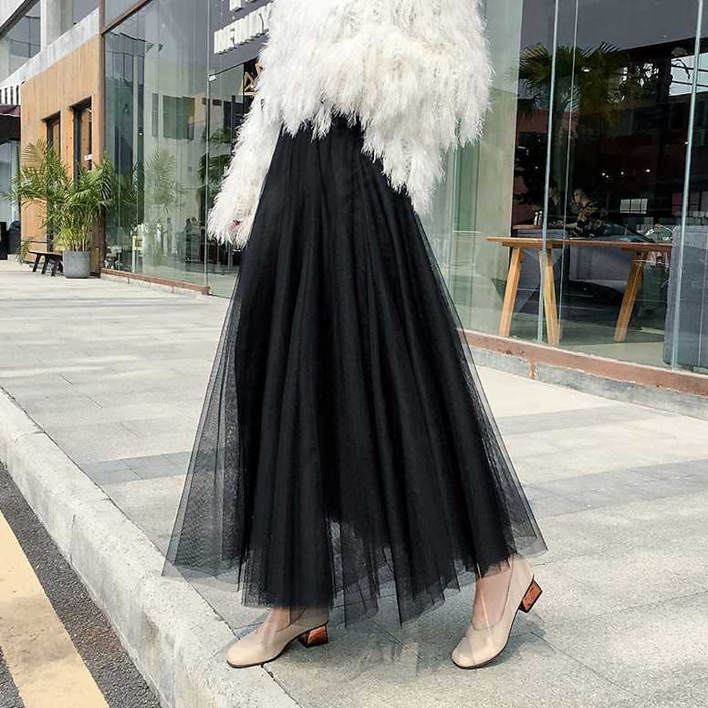 Damen Rock Ballettröckchen Midi Röcke Tüll Chiffon Bedruckt Einfarbig Geburtstag Casual Frühling Sommer Polyester Adrett Schwarz Weiß Rosa Kamel Lightinthebox