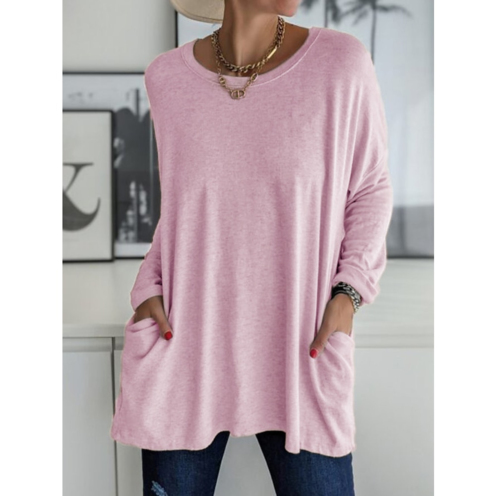 Damen T Shirt Glatt Modisch Langarm Rundhalsausschnitt Normale Oberteile Täglich Wochenende Tasche Schwarz Weiß Rosa Khaki Grau Frühling Herbst Lightinthebox