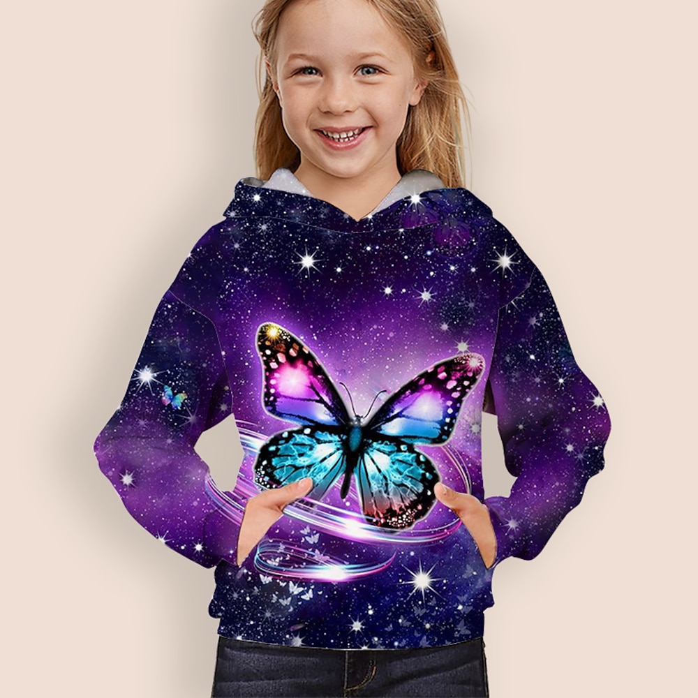 Kinder Mädchen Kapuzenshirt Langarm Purpur 3D-Druck Schmetterling Tier Tasche Täglich Innen Outdoor Aktiv Modisch Täglich Sport 3-12 Jahre Lightinthebox