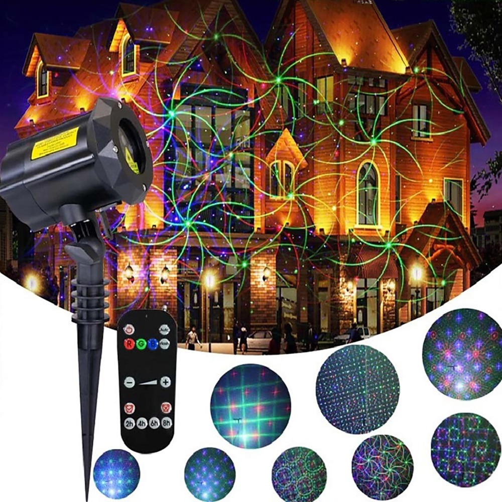 Wasserdichtes Laserprojektorlicht für den Außenbereich, 8 Muster in 1, wasserdichtes RGB-Gartenlaserlicht für den Außenbereich mit HF-Fernbedienung und Timer, perfekt für Rasenpartys, Garten, Lightinthebox