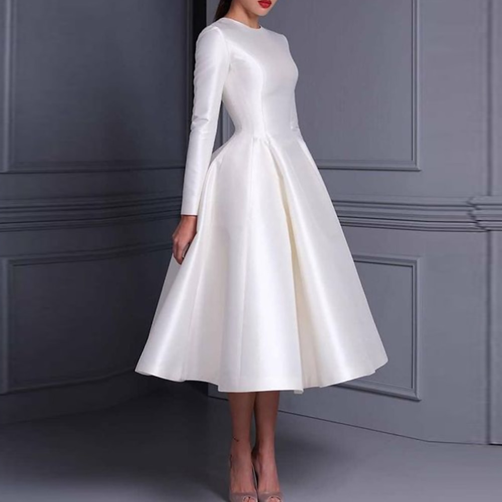 TS Ballkleid Cocktailkleider Süßes Kleid Hochzeit Tee-Länge Lange Ärmel Juwel-Ausschnitt Herbst Hochzeitsgast Satin mit Falten Einfarbige Derbykleider 2025 Lightinthebox
