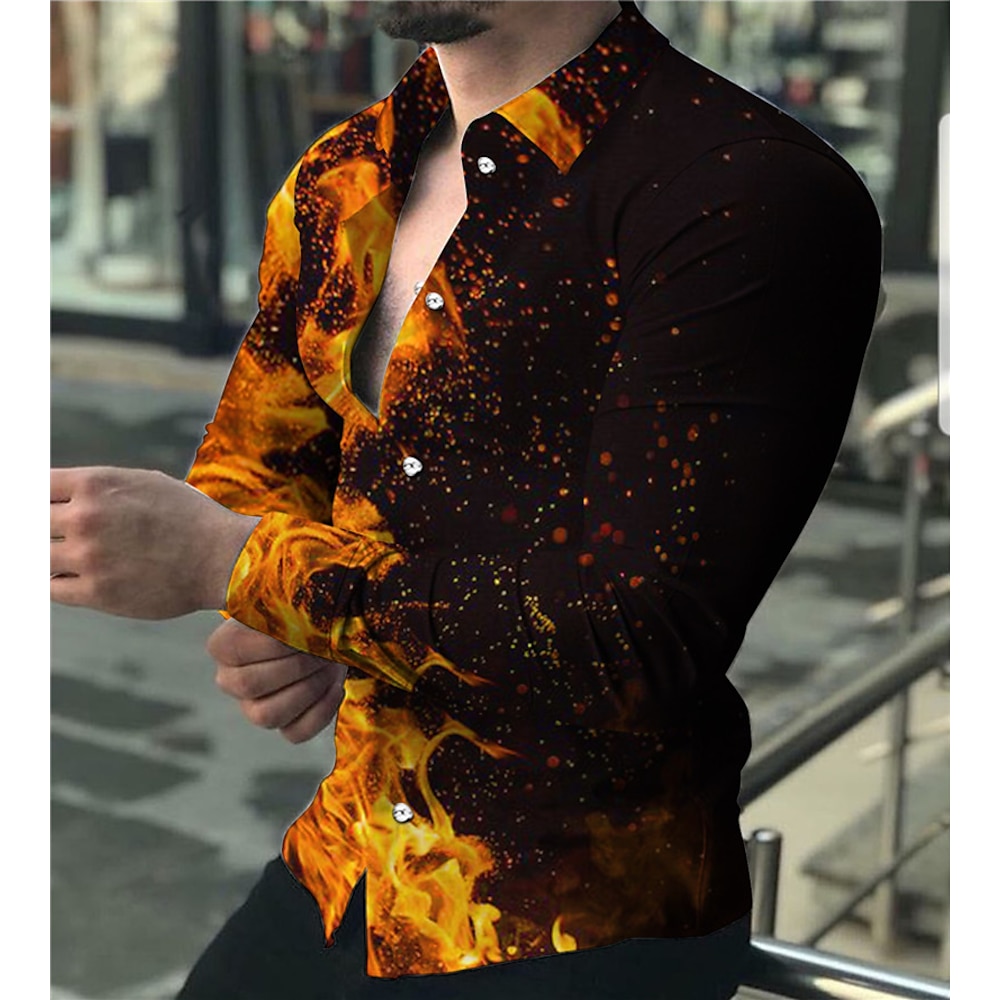 Herren Flamme Hemd Knopfhemd Langarm Modisch Designer Brautkleider schlicht Täglich Festtage Ausgehen Frühling Sommer Umlegekragen 3D-Druck Button-Down Hellgelb Gelb Purpur Grün Lightinthebox