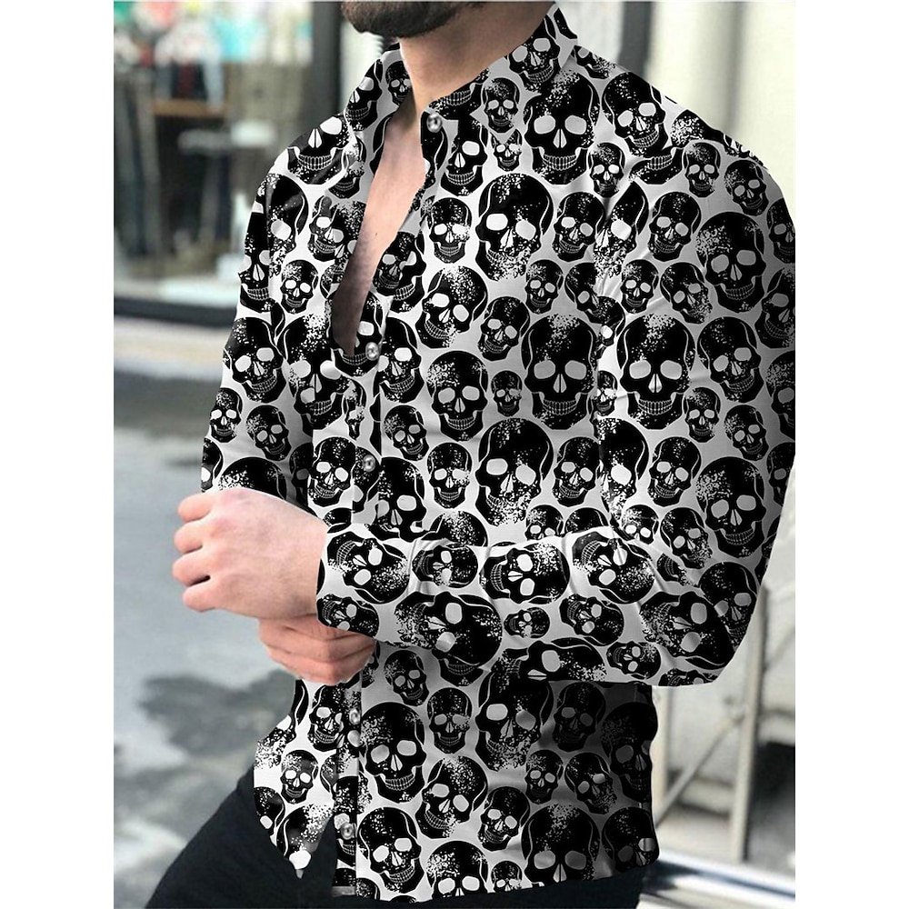 Herren Totenkopf Motiv Hemd Langarm Modisch Designer Brautkleider schlicht Outdoor Casual Täglich Sommer Frühling Umlegekragen Bedruckt Button-Down Grau Lightinthebox