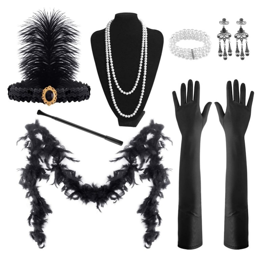 Retro Vintage Brüllen 20s 1920s Kopfbedeckung Flapper Stirnband Zubehörset Kopfbedeckung Halskette / Ohrringe Der große Gatsby Charleston Damen Silvester Maskerade Halloween Erwachsene Handschuhe Lightinthebox