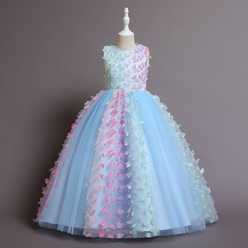 kinderkleidung Mädchen Blumenmädchen Kleid Kleid Schmetterling Langarm Leistung Besondere Anlässe Gitter Schleife Prinzessin Süß Baumwolle Polyester Maxi Tüll-Kleid Sommer Frühling Herbst 3-12 Jahre Lightinthebox