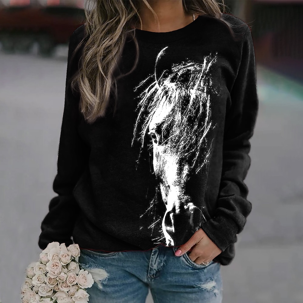 Damen Sweatshirt Pullover Pferd Alltag Sport Print Active Streetwear Rundhals Langarm ohne Futter Mikroelastischer Fallamp;Winterkomfort, atmungsaktives, weiches Gewebe Lightinthebox