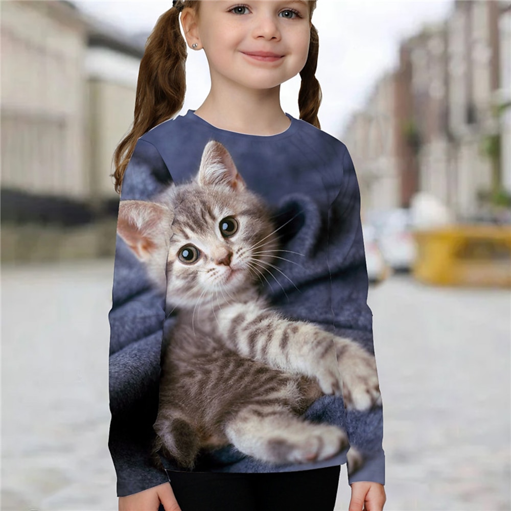 Kinder Mädchen T-Shirt Langarm Blau 3D-Druck Katze Tier Täglich Innen Outdoor Aktiv Modisch Täglich Sport 3-12 Jahre Lightinthebox