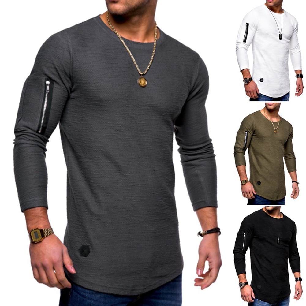 Herren T Shirt Langarmshirt Langarm Rundhalsausschnitt Einfach Muskel Essentiell Reißverschluss Lässig Schwarz Weiß Armeegrün Top T-Shirt für Herren Lightinthebox