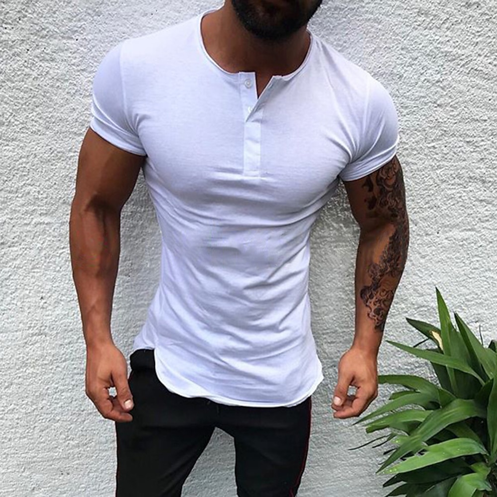 Herren T Shirt Henley Shirt Glatt Henley Casual Festtage Kurzarm Bekleidung Modisch Leicht Muskel Groß und hoch Lightinthebox