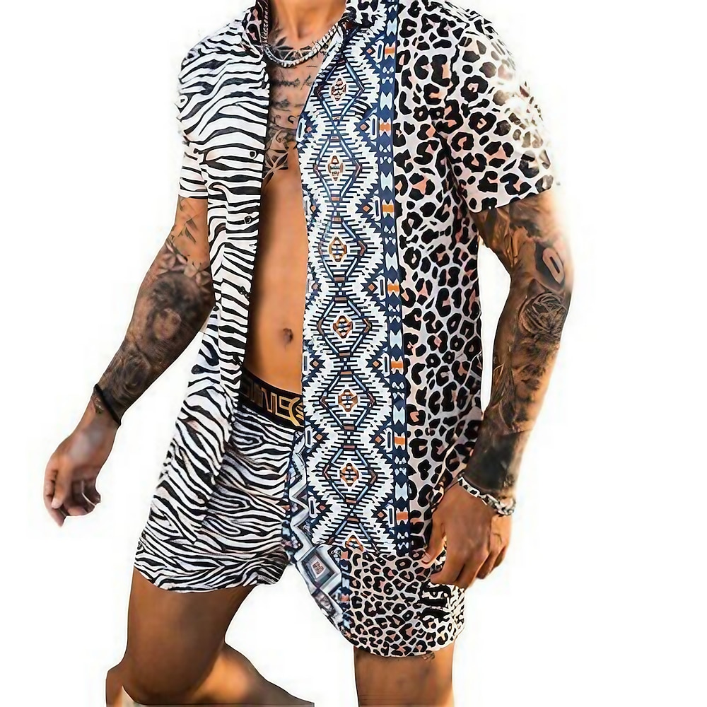 Herren Leopard Zebra 2St Hawaiihemd Sommerhemd Kurzarm Kurze Hosen Hemden-Sets Umlegekragen Modisch Hawaiianisch Brautkleider schlicht Outdoor Urlaub Strand 3D-Druck Button-Down Schwarz Gelb Rosa Lightinthebox