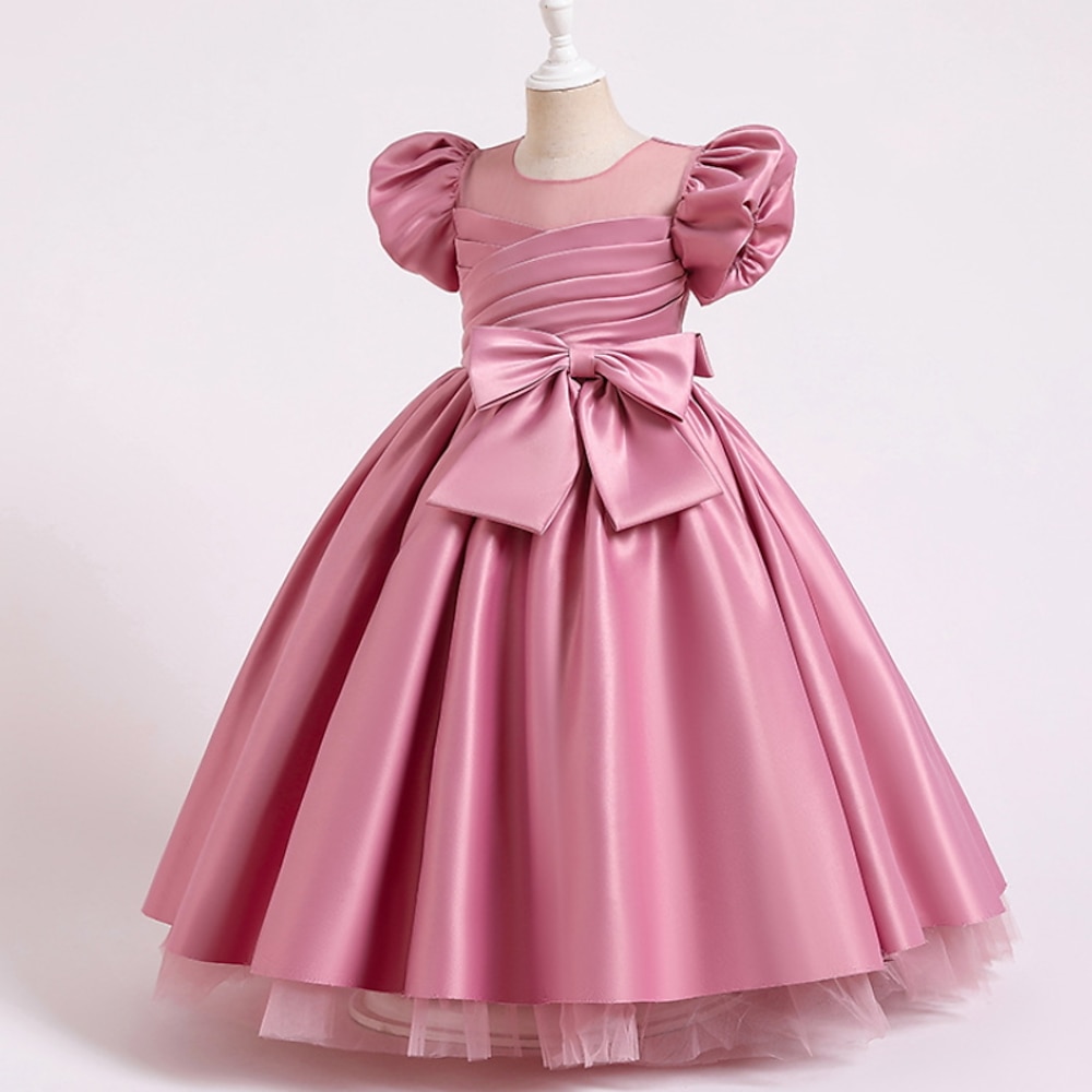 Blumenmädchenkleid Mädchen Kleid Abendkleid Party Kleid Hochzeit Party Kuschelig Prinzessin Rüschen Schleife Einfarbig Kurzarm Rundhalsausschnitt Rosa Wein 4-13 Jahre Lightinthebox