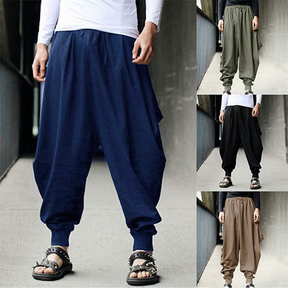 Herren Hose Hosen Schlabberhose Freizeithose Baggy Haremshose Kordelzug Elastische Taille Weite Hosen Feste Farbe Täglich Strassenmode Hippie Yoga Lockere Passform Schwarz Marineblau Lightinthebox