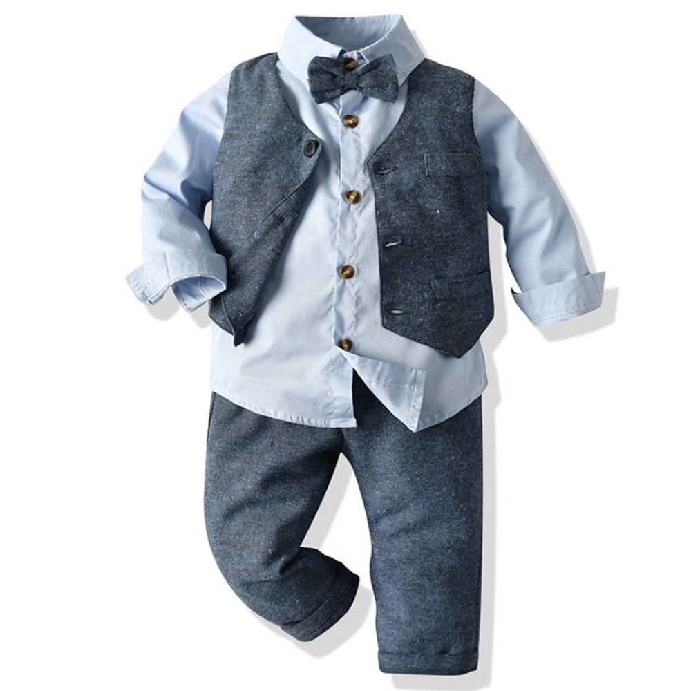3 Stück Ring-Träger Anzug Jungen kinderkleidung Anzug Formeller Anzug Anzug Blazer Kleidungsset Formal Party Basic Sanft Feste Farbe Schleife Rosa Leicht Blau Baumwolle Lightinthebox