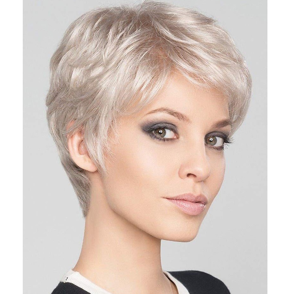 silberne Perücken für Frauen kurze Pixie-Schnitt-blonde Mischung weiße Perücken für weiße Frauen flauschige synthetische Perücke hitzebeständige tägliche Halloween-Party verwenden Haar volle Perücke Lightinthebox