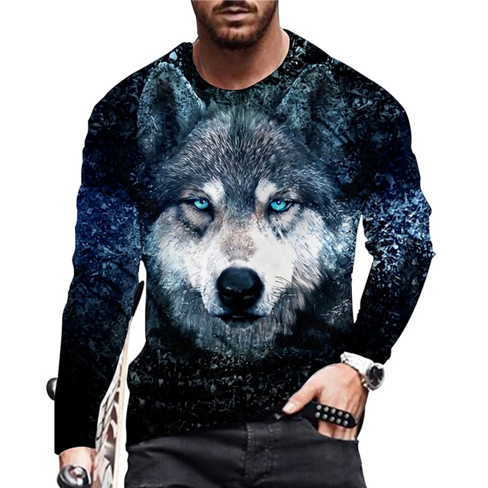 Herren Unisex Wolf Grafik-Drucke T Shirt Lustige T-Shirts Langarm T-Shirt 3D-Druck Rundhalsausschnitt Hemd Designer Brautkleider schlicht Groß und hoch Täglich Festtage Blau Frühling Herbst Lightinthebox