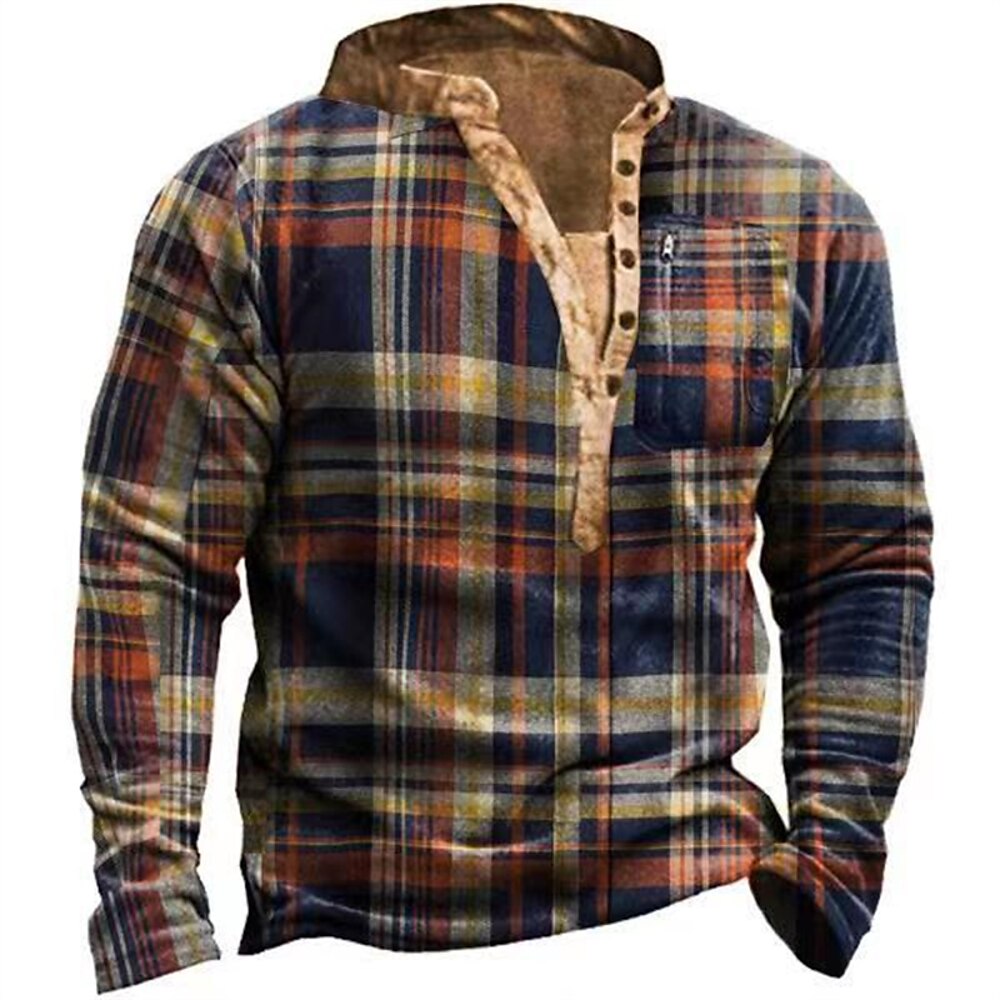 Herren Plaid Grafik-Drucke Sweatshirt Pullover Zur Seite fahren Langarm Sweatshirt V Ausschnitt Henley-Kragen Designer Basic Brautkleider schlicht 3D-Druck Sport Natur Casual Täglich Bedruckt Lightinthebox