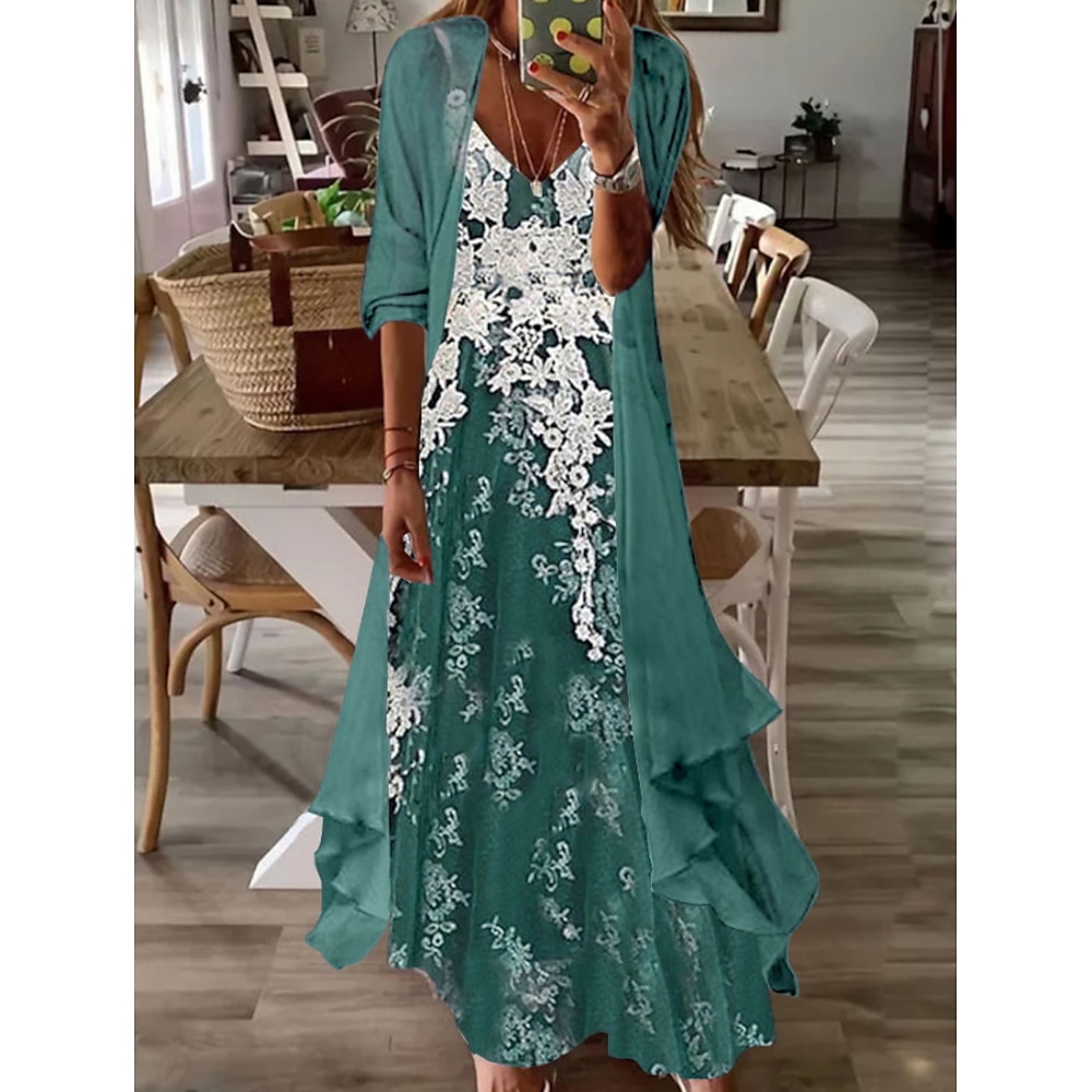 damenkleid set zweiteiliges kleid langes kleid maxikleid blau grün halbarm floral gerüscht sommer frühling herbst v-ausschnitt mode täglich urlaub 2023 s m l xl xxl 3xl Lightinthebox