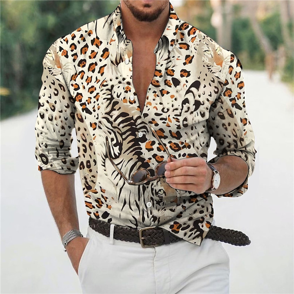 Herren Tier Leopard Hemd Grafik-Shirt Langarm Modisch Designer Brautkleider schlicht Outdoor Täglich Urlaub Frühling Sommer Kragen 3D-Druck Button-Down Beige Lightinthebox