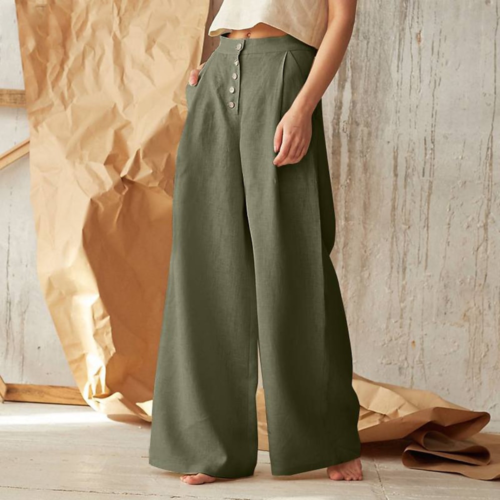 Damen Normal Frech Breites Bein Leinenhose Modisch In voller Länge Mittlere Taillenlinie Glatt Seitentaschen Weite Hosen Ausgebeult Komfort Unelastisch Casual Wochenende Schwarz Grün Khaki Sommer Lightinthebox