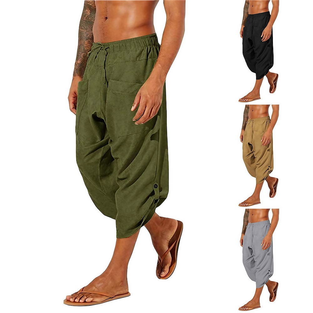 Herren Leinenshorts Kurze Hosen Sommer-Shorts Pumphose Schlabberhose Strandshorts Kurze Hosen Elastisches Kordelzugdesign Vordertasche Glatt Komfort Weich Wadenlänge Casual Täglich Sport Modisch Lightinthebox