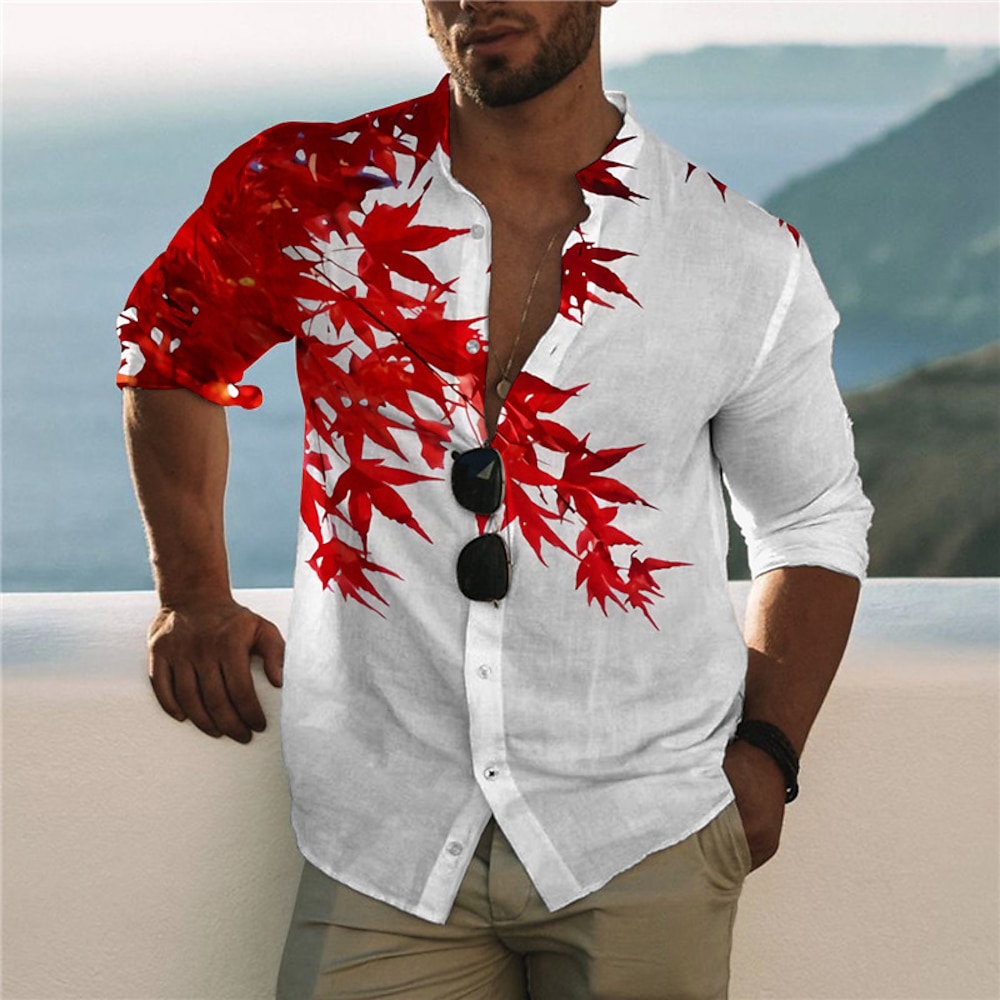 Herren Blätter Hemd Hawaiihemd Sommerhemd Grafik-Shirt Langarm Hemd Ständer Modisch Designer Brautkleider schlicht Outdoor Casual Täglich Rote 3D-Druck S M L Lightinthebox