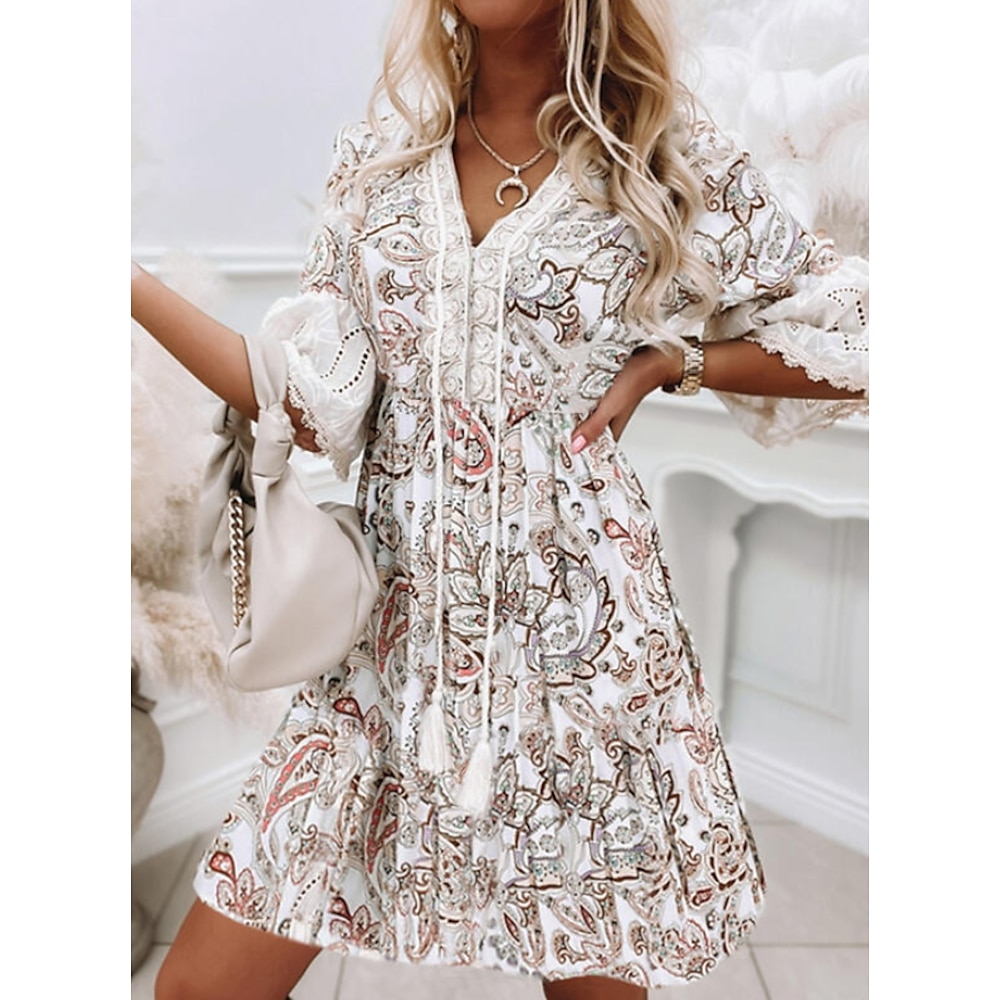 Damen Casual kleid Ethnisches Kleid Sommerkleid Minikleid Weiß 3/4 Ärmel Blumen Spitze Sommer Frühling V Ausschnitt Modisch Urlaub Lockere Passform 2023 S M L XL XXL 3XL Lightinthebox