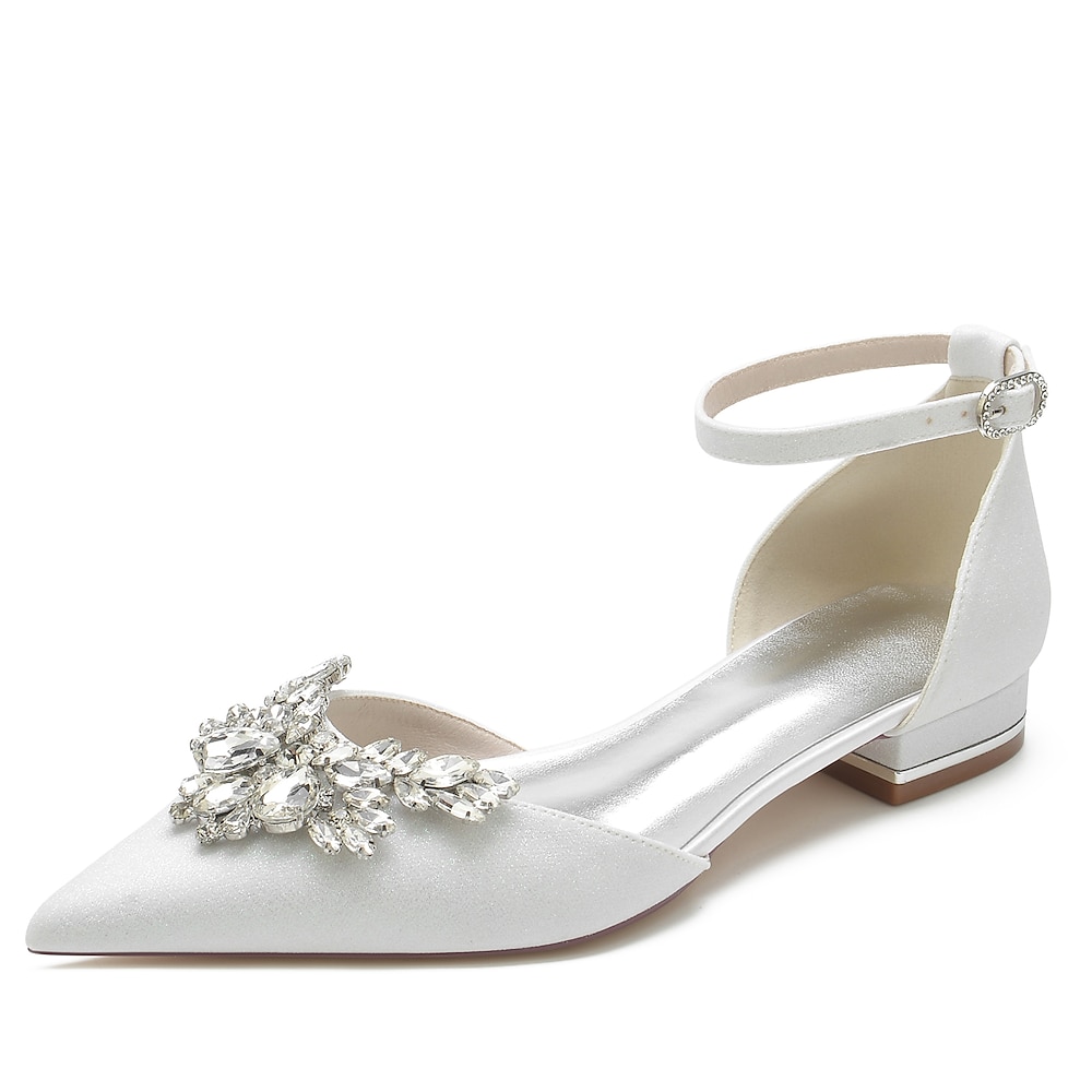 weiße Satin-Ballerinas für Damen mit floralem Strass-Design - elegante spitze Hochzeits- oder Abendschuhe Lightinthebox