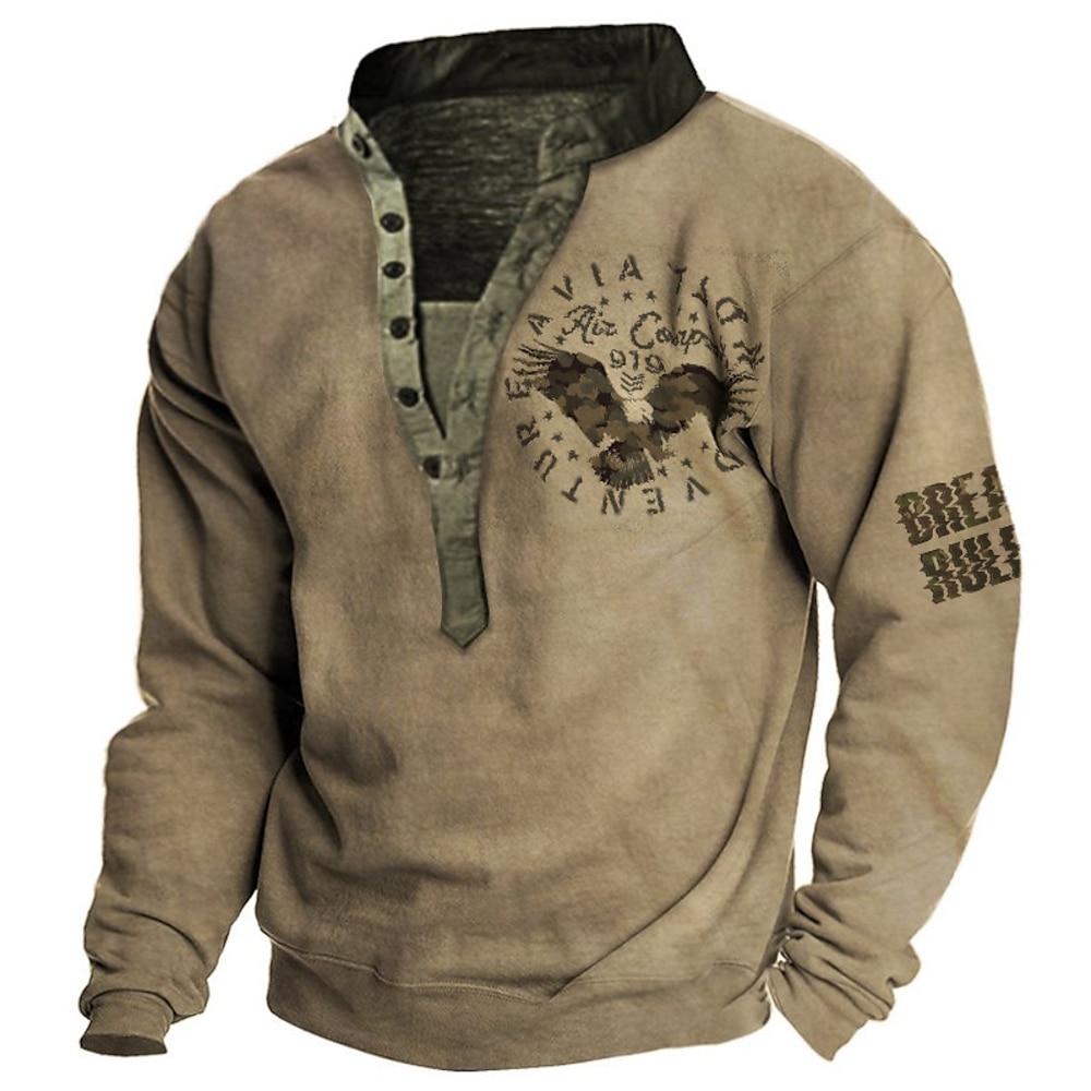 Herren Sweatshirt Pullover Zur Seite fahren Khaki Henley-Kragen Graphic Adler Bedruckt Sport Natur Casual Täglich 3D-Druck Übergröße Vintage 3D-Druck Designer Frühling Sommer Bekleidung Lightinthebox