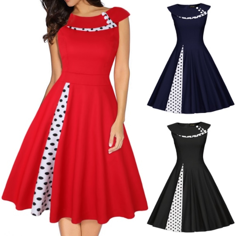 Tupfen Klassisch Retro Vintage Knielang Kleid Partykostüm Weihnachtskleid Kappe Mädchen vom Lande Dame Tupfen Damen Valentinstag Party / Abend Zeremonie Verlobungsfeier Erwachsene Kleid Lightinthebox