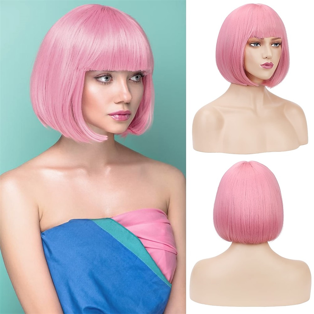 Rosa Bob Perücke Lonai 12 kurze rosa Perücken mit Pony für Frauen synthetische Haarteile natürlich aussehendes Haar für den täglichen Gebrauch auf Cosplay-Partys Lightinthebox