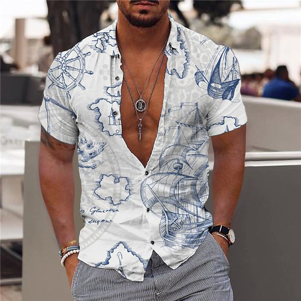 Herren Hawaiian Aloha Nautisch Hemd Sommerhemd Hawaiihemd Sommerhemd Kurzarm Modisch Designer Brautkleider schlicht Outdoor Casual Festtage Sommer Frühling Umlegekragen Bedruckt Button-Down Blau Lightinthebox