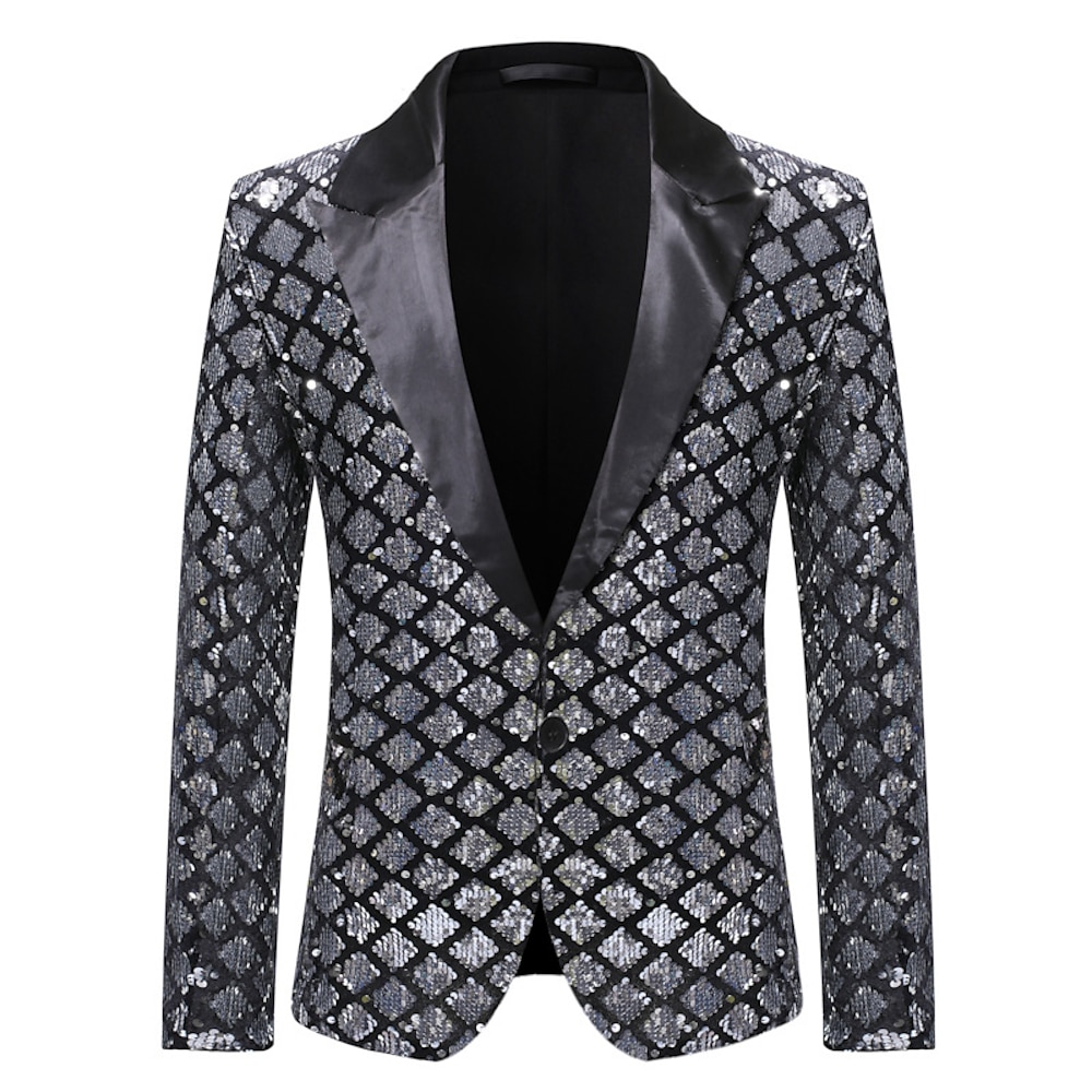 Herren-Party-Blazer mit Pailletten, Retro-70er-Jahre-Disco-Blazer, glitzernd, lässig, reguläre Passform, Druck, Gold, Silber, Schwarz, Königsblau, 2024 Lightinthebox